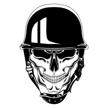Vector black and white image skull in helmet
