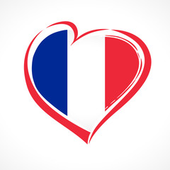 Love France emblem, Bastille day banner with heart in national flag color. National holiday in France 14 of july vector greetings card. Celebrate French Republic anniversary 1789 year