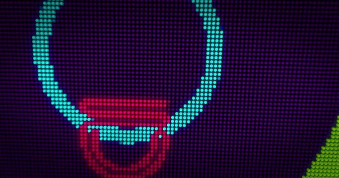 Disco word on big LED display with large pixels. Scrolled texts and dynamic colorful circles on lamps stylized seamless and loopable animation.