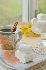 Fototapeta na wymiar marshmallow and cup of coffee 