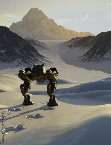 "Battle Robot Tracking a Fugitive through Snowy Mountains - science fiction illustration" Stock photo and royalty-free images on Fotolia.com - Pic 211250659