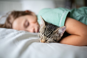 Female child sleeping with her cat