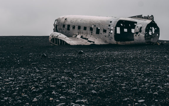 no people plane wreck in iceland at a foggy day without people