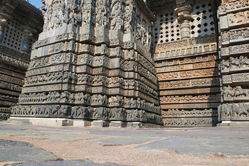 Ornate wall panel relief Hoysaleshwara temple, Halebidu, Karnataka. View from East.