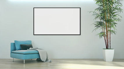 Modern bright interiors apartment with mockup poster frame 3D rendering illustration