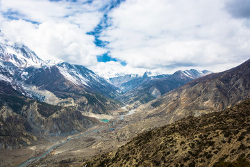 Panorama of the mountain river Bagmati near the village of Manang, Nepal.