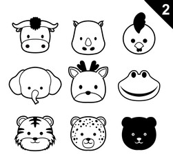 Naklejka premium Flat Animal Faces Monochrome Icon Cartoon Vector Set 2 (Forest)