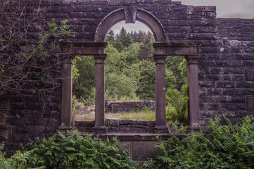The ruins of Errwood Hall at Goyt valley within the Peak District National park.