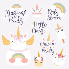 Zelfklevend Fotobehang Set of hand written baby shower lettering quotes, desserts with cute unicorn faces. Isolated objects on light background. Vector illustration. Design concept for banner, invitation, greeting card. © Maria Skrigan
