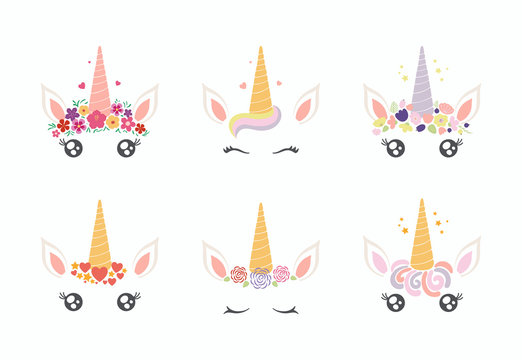 Set of different cute funny unicorn face cake decorations. Isolated objects on white background. Flat style design. Concept for children print.