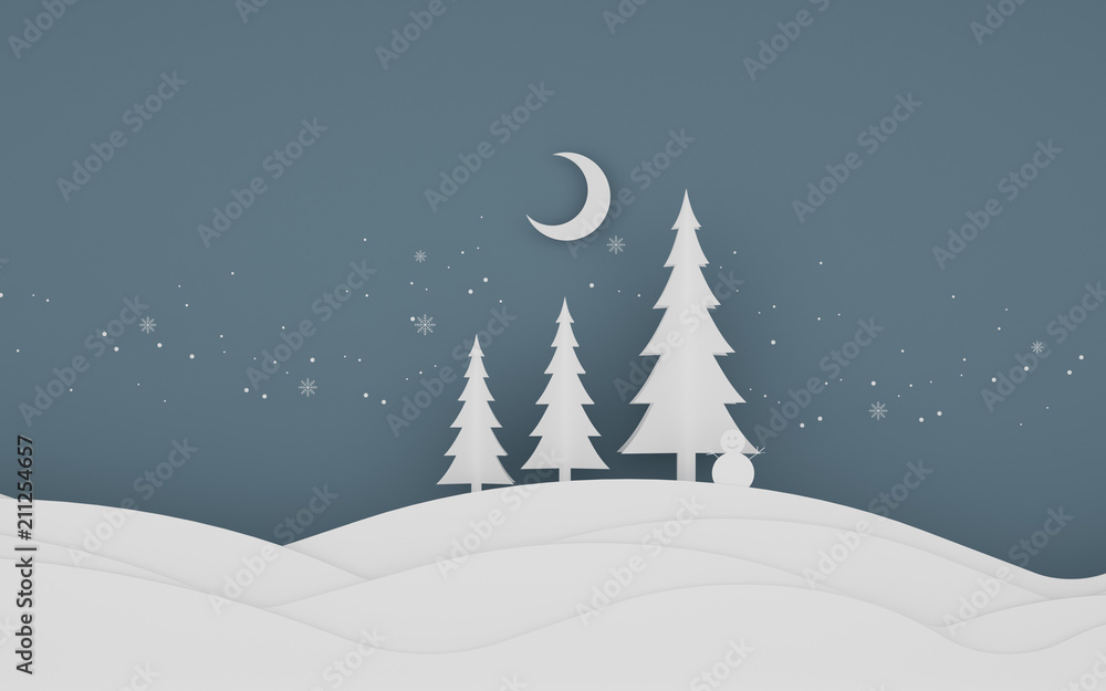 Poster Paper art scene of pine tree with snow flake and the moon on pastel background,Minimal concept of forest in the night,Idea for Xmas card,3D rendering