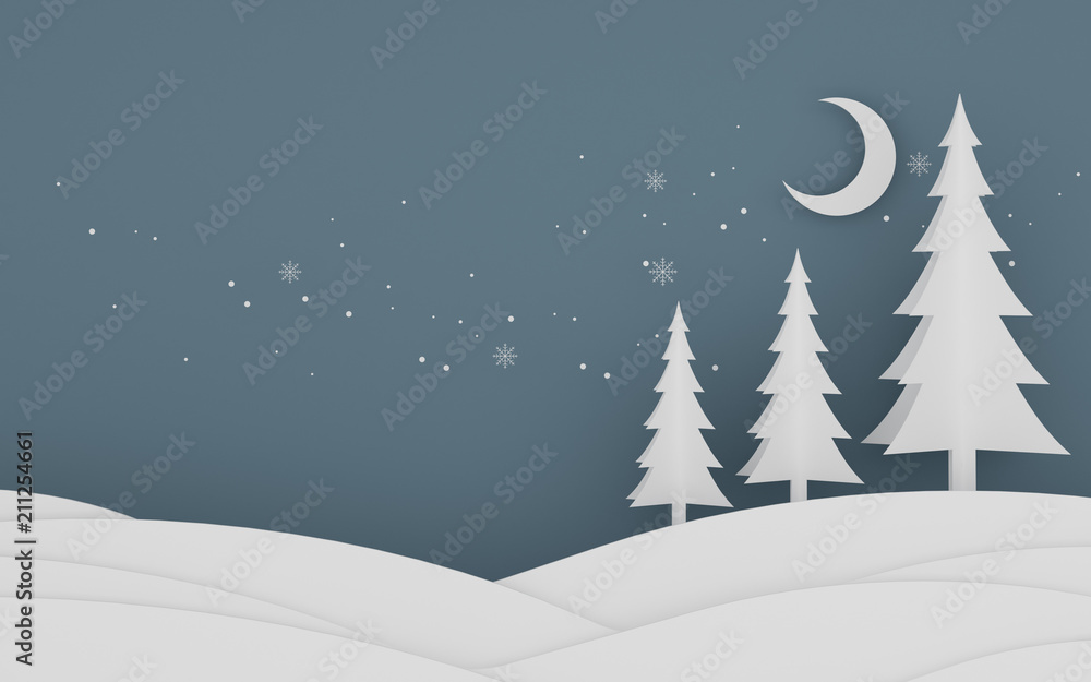 Poster paper art scene of pine tree with snow flake and the moon on pastel background,minimal concept of fo