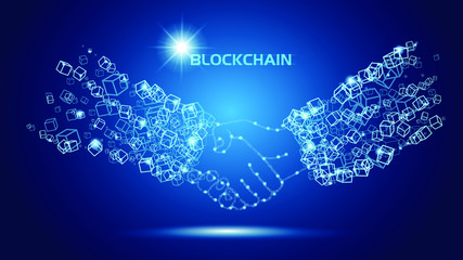 Blockchain technology agreement handshake business concept. 
