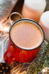 Close up of an eggnog traditional Christmas drink surrounded festive and winter details.