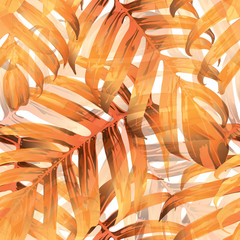 Palm Monstera Seamless Pattern. Orange White Tropical Summer Background. Beach Jungle Leaves for Swimwear Design. Lei Rapport. Vintage Hawaiian Print. Exotic Texture. Botanic tile.