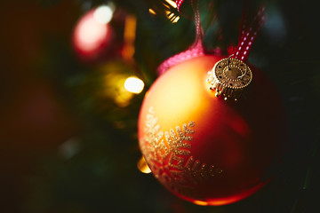 Traditional festive Christmas tree decorations background.