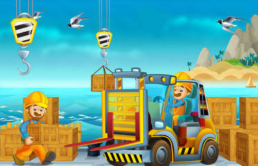 Naklejka premium Cartoon construction workers one in the forklift - on white background - illustration for children