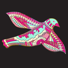 Doodle, picture of flying decorative bird, vector illustration