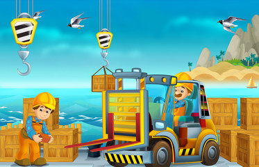 Cartoon construction workers one in the forklift - on white background - illustration for children