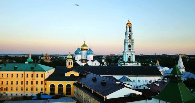 Sergiyум Posad, Russia. Aerial view of Trinity Lavra of St. Sergius - a Russian monastery in Sergiyev Posad, Russia. Historical and religious building in the evening