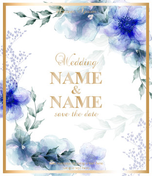 Wedding card with watercolor blue flowers Vector illustrations