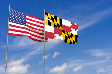 USA and Maryland flags over blue sky background. 3D illustration