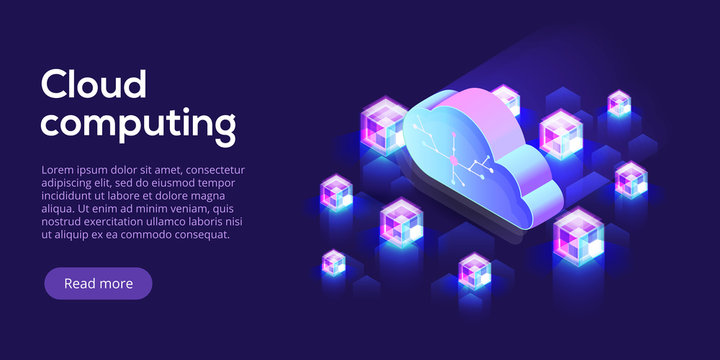 Cloud computing or storage isometric vector illustration. 3d hosting servers or datacenter background. IT network or mainframe infrastructure website header layout. Computer system or workstation.