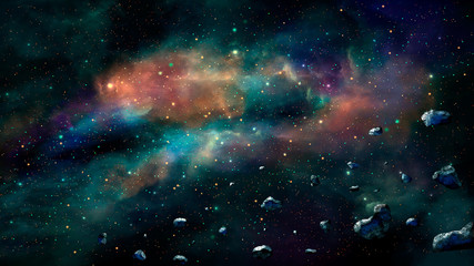 Space scene. Colorful nebula with asteroids. Elements furnished by NASA. 3D rendering