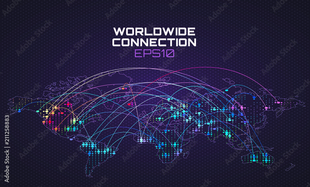 Wall mural worldwide internet social communication. data stream trajectory, cloud computing abstract background
