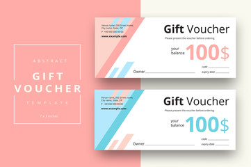 Abstract gift voucher card template. Modern discount coupon or certificate layout with geometric shape pattern. Vector fashion bright background design with information sample text.