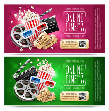 Cinema flyers, banners with gift coupons. Free gold tickets
