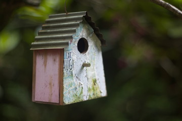 Een fraai vogelhuisje met een golfplaten dakje