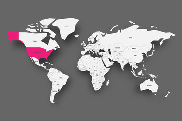 United States of America, US or USA, pink highlighted in map of World. Light grey simplified map with dropped shadow on dark grey background. Vector illustration.