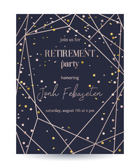 Retirement party invitation. Design template with rose gold polygonal frame and confetti. Vector illustration  - 211261648