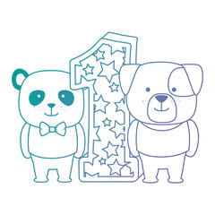 cute number one with bear panda and dog characters