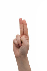 Naklejka premium Peace, two fingers up, hand in peace or victory symbol. Sign for the letter V in sign language isolated on white. Girl or woman raising two fingers up. Female hand with manicure raised two fingers
