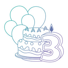 cute number three candle with cake and balloons helium