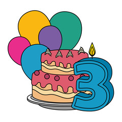 cute number three candle with cake and balloons helium