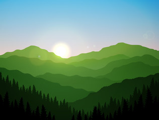 Mountains and green forest at sunrise vector illustration