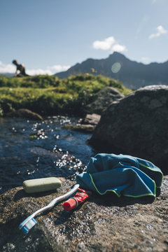 Norway, Lofoten, Moskenesoy, Washbag and soap at a fjord