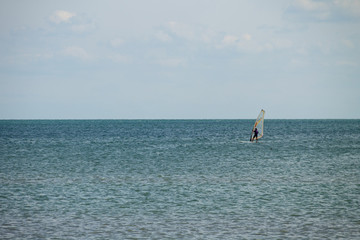Windsurfing. Surfer exercising in calm sea or ocean.
