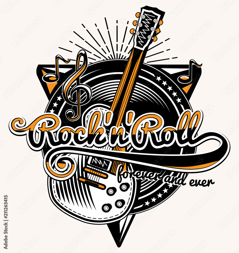 Sticker rock and roll guitar music emblem