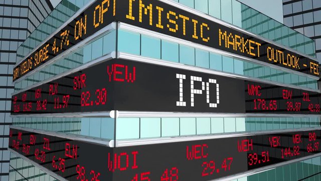 IPO Initial Private Offering Stock Market Ticker Building 3d Animation