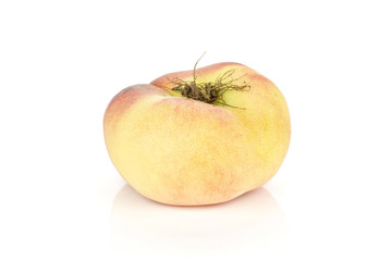 One fresh Saturn peach isolated on white background ripe fruit.