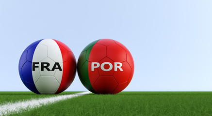 France vs. Portugal Soccer Match - Soccer balls in France and Portugal national colors on a soccer field. Copy space on the right side - 3D Rendering 