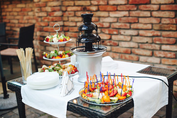 Chocolate fountain. Dessert table with fruits. Fountain on birthday party, event or wedding. Party catering. Sweet table on kids party