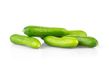 Five fresh green mini cucumbers isolated on white background.