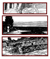 Obraz premium Typographic decorative art deco elements early '900: 3 stylized landscapes as banner, border and end chapter decoration