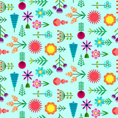 Cute blue seamless pattern with flat vector simple abstract flowers. Bright summer colorful floral texture for textile, wrapping paper, print design, surface