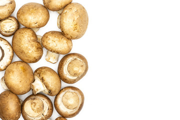 Fresh raw brown champignons top view isolated on white background.